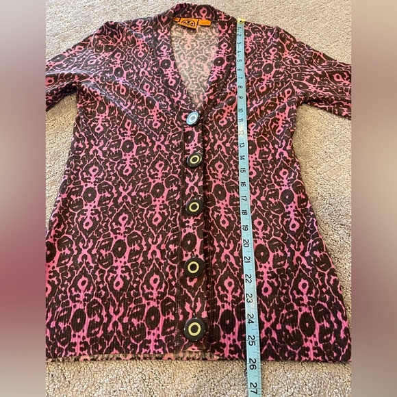 Tory Burch Merino Wool Cardigan Sweater, Pink and Brown Print, Logo Buttons, S - Picture 8 of 15
